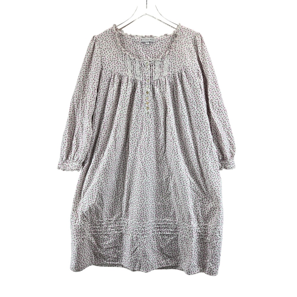 Eileen West Womens Pink Floral Cotton Flannel Nightgown Long Sleeve Lace Trim M